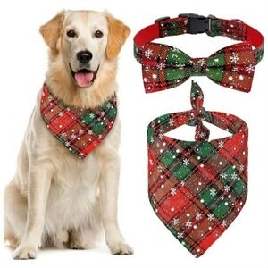 Malier Christmas Dog Bandana Collar Set Plaid Pattern Dog Scarf Triangle Bibs Ke